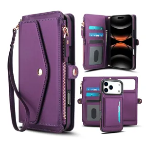 Custodia a portafoglio multifunzionale viola con tasche per carte e pratica tracolla.