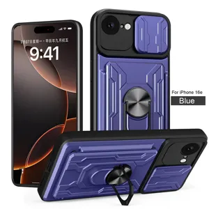 Ανθεκτική προστατευτική θήκη για iPhone 16e με συρόμενο κάλυμμα κάμερας και βάση δακτυλίου μπλε.