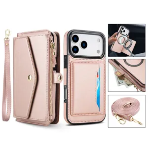 Custodia per telefono portafoglio multifunzionale in oro rosa con scomparti e tasca con zip.