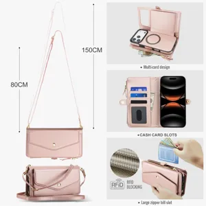 Custodia portafoglio in pelle Magsafe multifunzione con tracolla e tasche per carte.