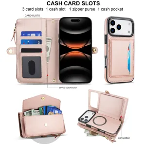 Custodia portafoglio Magsafe rosa con scomparti multipli per carte e tasca con zip iPhone