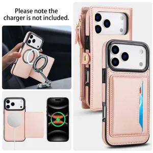 Custodia portafoglio in pelle rosa con MagSafe, porta carte e tasca con zip per iPhone.