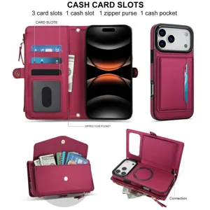 Custodia per telefono portafoglio in pelle multifunzionale con tasche per carte e zip.