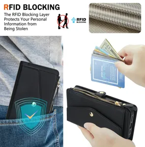 Vista dettagliata della custodia portafoglio MagSafe in pelle nera con protezione RFID.