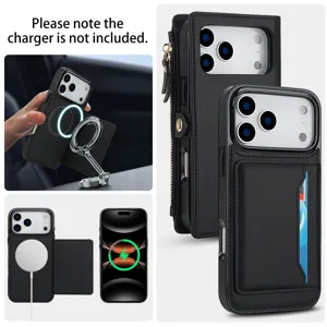 Custodia in pelle per telefono MagSafe multifunzionale con tasca per carte e zip per iPhone.