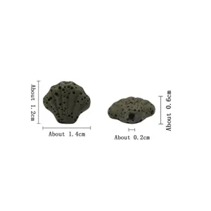 Zwarte lavasteen schelp kralen hoofdaanzicht met afmetingen en poreuze textuur.