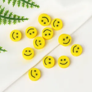 Yellow polymer clay smiley face spacer beads, star eyes round loose beads for DIY jewelry making.