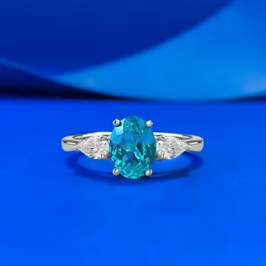 Luxus 925 Sterlingsilber Im Labor Gekaufter Paraiba Ring Für Damen Klassischer Drei-Steine Oval Paraiba Blau Edelstein Ring Schmuck