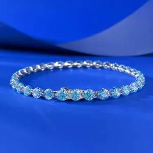 925 Sterlingsilber Hellseeblau Strass Tennis Armband Für Damen Elegantes Rundes Schwebendes Diamant Gliederkette Schmuck