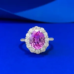 Anello Halo Ovale in Argento Sterling 925 Zaffiro Rosa Creato in Laboratorio per Donna Gioielli Eleganti con Strass Intarsiati