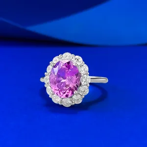 Squisito anello halo in argento S925 zaffiro rosa ovale vista dettaglio pietra