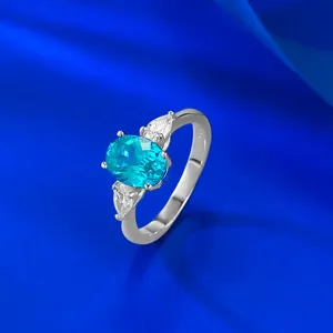 Silber Laborgezüchteter Paraiba Turmalin Drei-Stein Ring Damen Mode Eleganter Schmuck