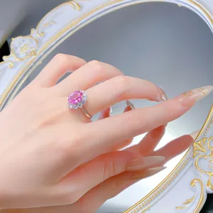 Anello S925 Argento Zaffiro Rosa Ovale Halo 8x10mm Elegante Gioielli Donna Moda Chic