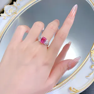 Stunning 925 silver lab-created pink sapphire ring, 7x9mm rectangular stone with carved grid.