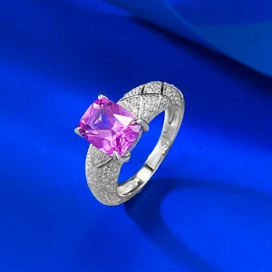 S925 Silber Labor Erstellt Rosa Saphir Kissen Ring Gestepptes Band Vintage Luxus