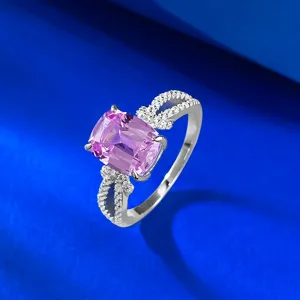 Sterling silver cushion lab-created pink sapphire bow ring, daily sweet elegant jewelry.