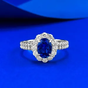 925 Sterlingsilber Ovaler Halo-Ring Für Damen Laborgezüchteter Blauer Grüner Edelstein Doppelreihiges Milgrain-Design Fingerring Schmuck