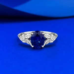 S925 Sterling Silver Lab-Grown Royal Blue Sapphire Oval Ring For Women Elegant Wing Design Jewelry Gift Party Banquet Wedding