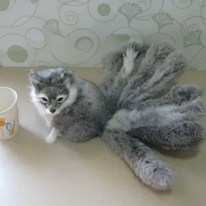 Handcrafted simulation nine-tailed fox grey plush toy fluffy rabbit fur home decor ornament.