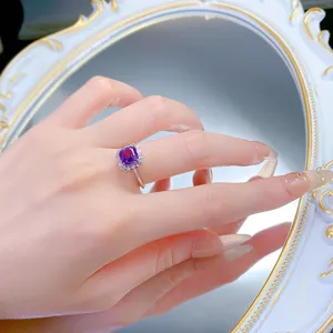Anello Di Lusso In Argento S925 Zirconia Viola Reale Taglio Asscher Per Donna Gioiello