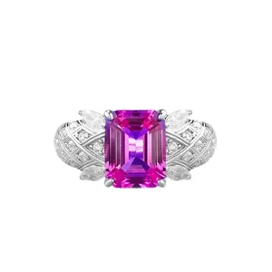 925 Sterling Silver Lab-Grown Pink Sapphire Ring Rectangular Cut Vintage Carved Main