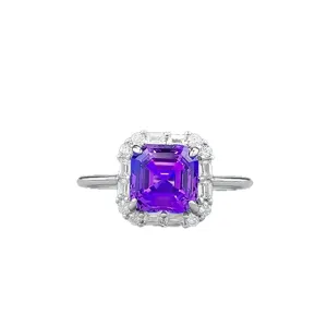 Elegante anello in argento S925 con pietra viola regale coltivata taglio Asscher 7x7mm