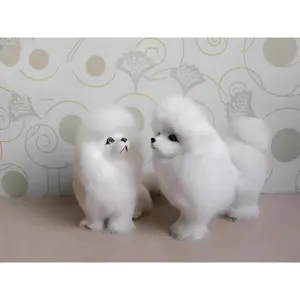 White Simulation Puppy Rabbit Fur Craft Ornament Standing And Crouching Posture Animal Figurine Home Decor