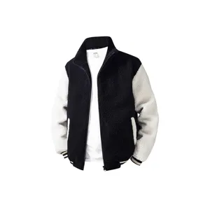 Men's Winter Fleece Lambswool Casual Jacket Stand Collar Full Zip Colorblock Loose Fit Warm Outerwear Coat For Men