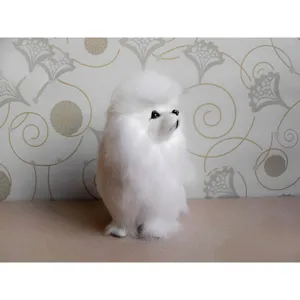 White simulation puppy plush toy standing cute fluffy faux fur animal craft ornament detail