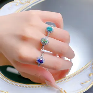S925 Silber 5x7mm ovaler Ring mit doppeltem Perlenrand Halo, bunter Edelstein Ring.