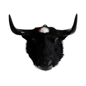 Genuine leather bull head wall mount detail shot, creative rustic taxidermy style decor for bar.