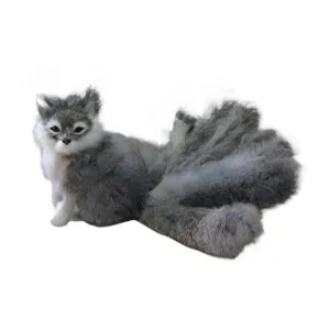 Handmade simulation nine-tailed grey fox plush toy rabbit fur animal figurine home decor prop.