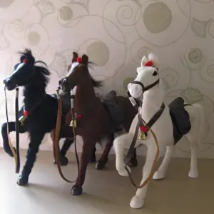 Simulation horse toy set with saddle and bell, realistic plush animal decoration for home decor.