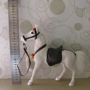 Simulation white horse toy model with saddle and leather reins for kids display decor.
