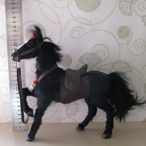 Simulation black horse plush toy with saddle and bell, realistic animal doll for kids decor.
