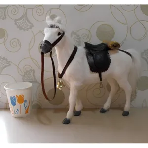 Simulation white horse toy figurine with black saddle and reins for home decoration