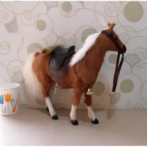 Simulation horse figurine with saddle bridle fur model realistic animal toy home decor ornament