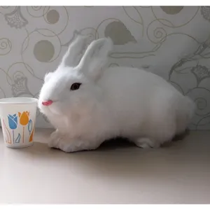 Realistic white plush rabbit figurine simulation animal toy home decor photography prop.