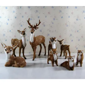Detailed view of artificial plush deer figurines set, forest style Christmas animal decor props.