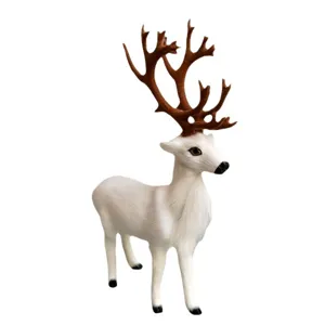 Detailed view of the simulated plush reindeer figurine with brown antlers, home decor.