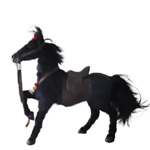 Black simulation horse toy with saddle and reins, lifelike plush decorative figurine.