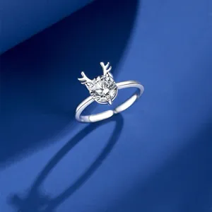 Anello aperto in argento sterling S925 con corna di cervo e zircone brillante donna.