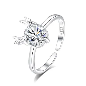 Anello Aperto in Argento S925 Corna di Cervo Zircone Luminoso Regalo Natale