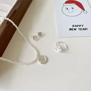 Süßes 925 Sterlingsilber Smiley Gesicht Schmuckset Für Damen Matt Strass Künstliche Perle Halskette Offener Ring Ohrringe