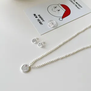 S925 Silber Perlen Halskette Ohrringe Ring Set mit Zirkon Smiley Gesicht für Frauen