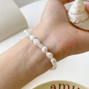 Bracelet exquis en perles baroques d'eau douce avec perles argentées, bijoux de poignet.