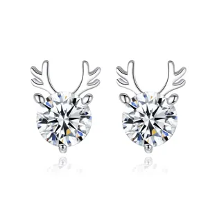 Orecchini a lobo in argento S925 con zircone e corna di cervo, gioielli festivi eleganti.