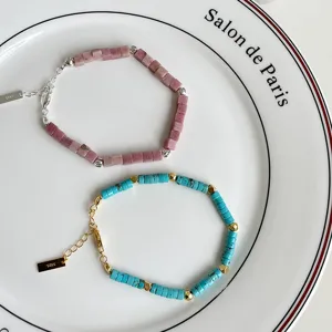 Beaded bracelet set 925 silver pink and turquoise stone fashion jewelry for women