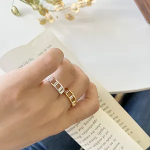Detailansicht des minimalistischen Baguette Diamant Rings mit geometrischem Eisblock-Design.