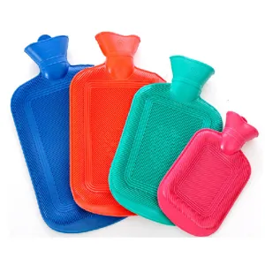 Detailed view of colorful rubber hot water bags with ribbed texture for winter warming.